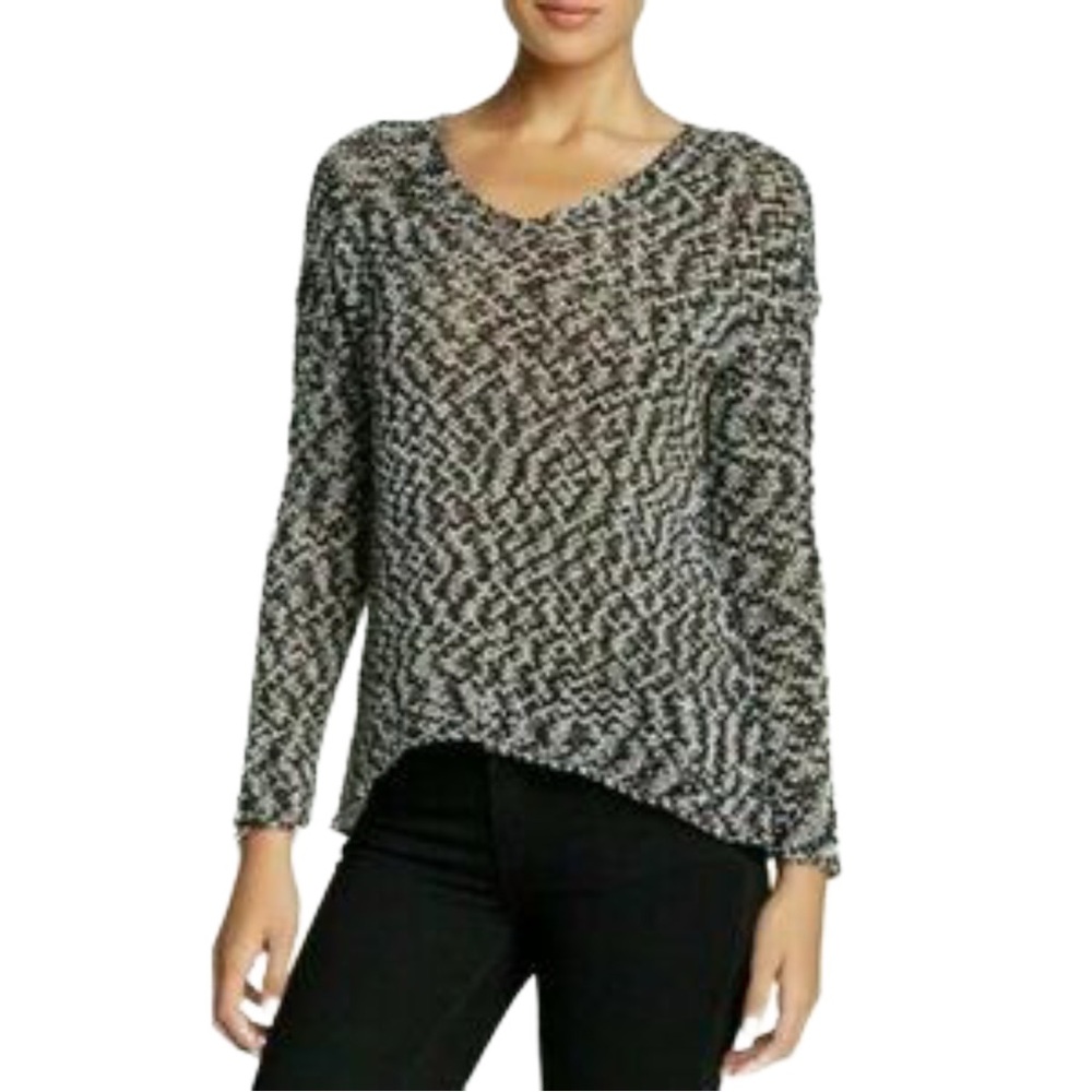 Eileen Fisher‎ Marled Knit V-Neck Sweater Black White Womens Large